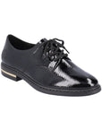 Black patent lace derby with gold insert in heel.