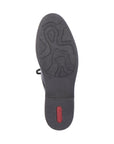 Black rubber outsole of women's oxford with red Rieker logo on heel.