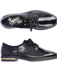 Black patent lace derby with gold insert in heel. Rieker logo on black insole.