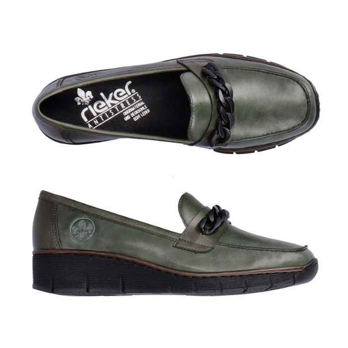 Green leather wedge shoe with chain detailing on top. Rieker logo on black insole.