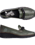 Green leather wedge shoe with chain detailing on top. Rieker logo on black insole.