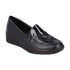 Black wedge loafer with black patent and croco detailing on vamp.