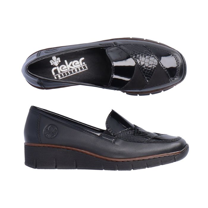 Black wedge loafer with black patent and croco detailing on vamp. Silver Rieker logo on black insole.