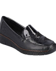 Black wedge loafer with black patent and croco detailing on vamp.