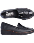 Black wedge loafer with black patent and croco detailing on vamp. Silver Rieker logo on black insole.