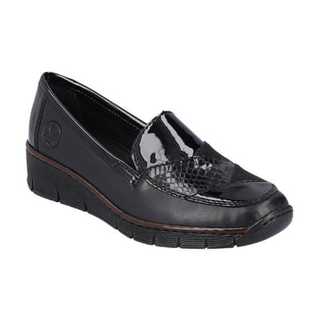 Black wedge loafer with black patent and croco detailing on vamp.