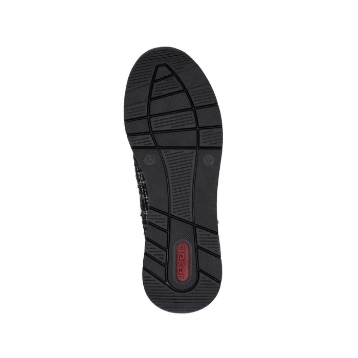 Black light treaded sneaker outsole with red Rieker logo on heel.