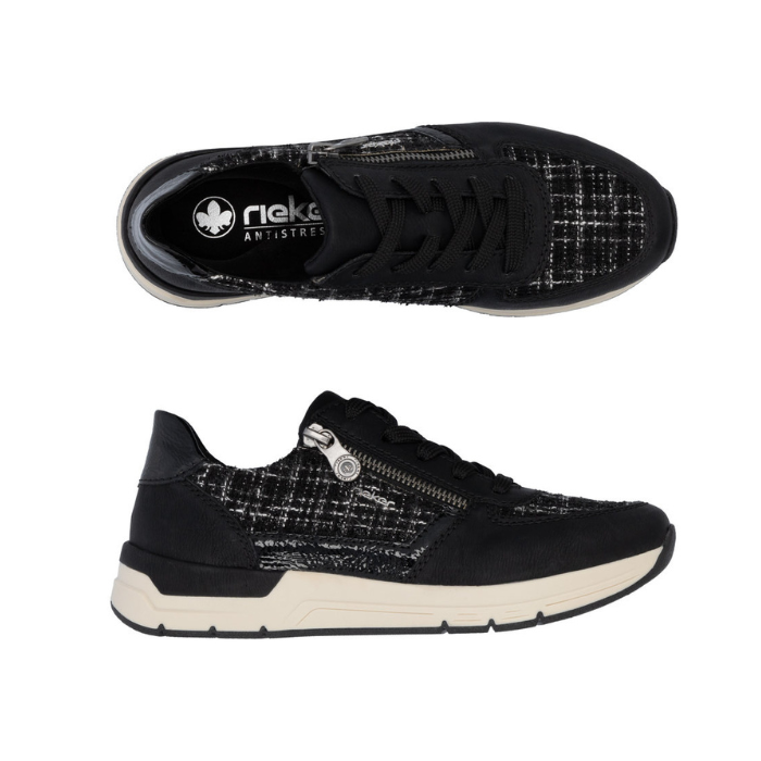 Pair of Black sneakers with plaid accents, black Rieker logo&#39;d footbed, beige midsole and black outsole.