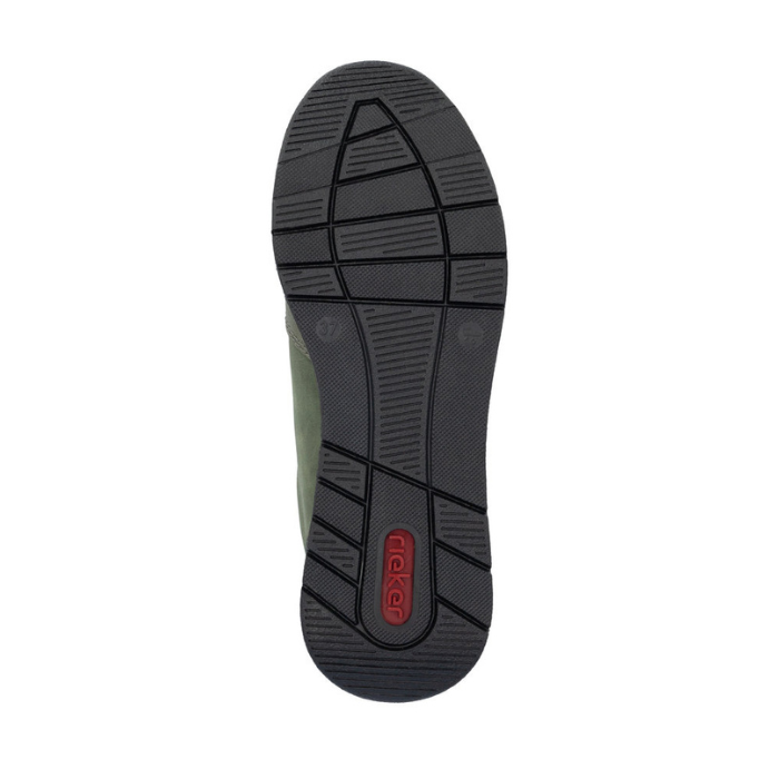 Black light treaded outsole with red Rieker logo on heel.