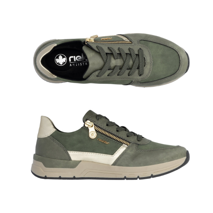 Pair of Green sneakers with a gold zipper, gold accents, black Rieker logo'd footbed, beige midsole and black outsole.