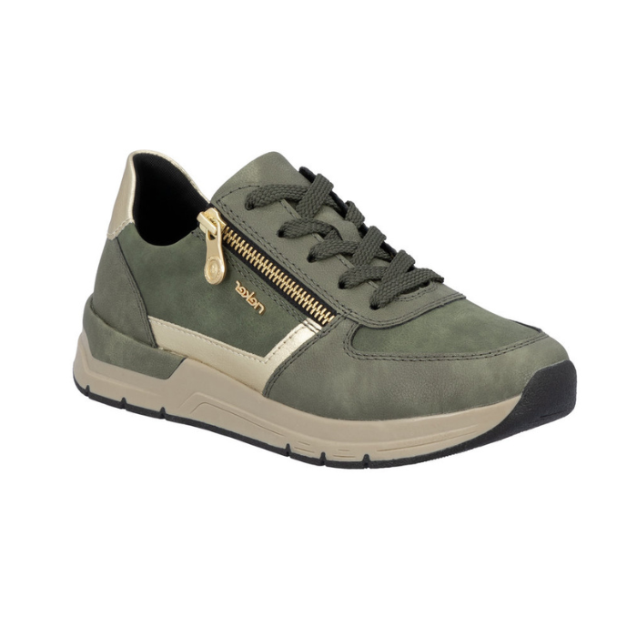 Green sneaker with a gold zipper, gold accents, beige midsole and black outsole.
