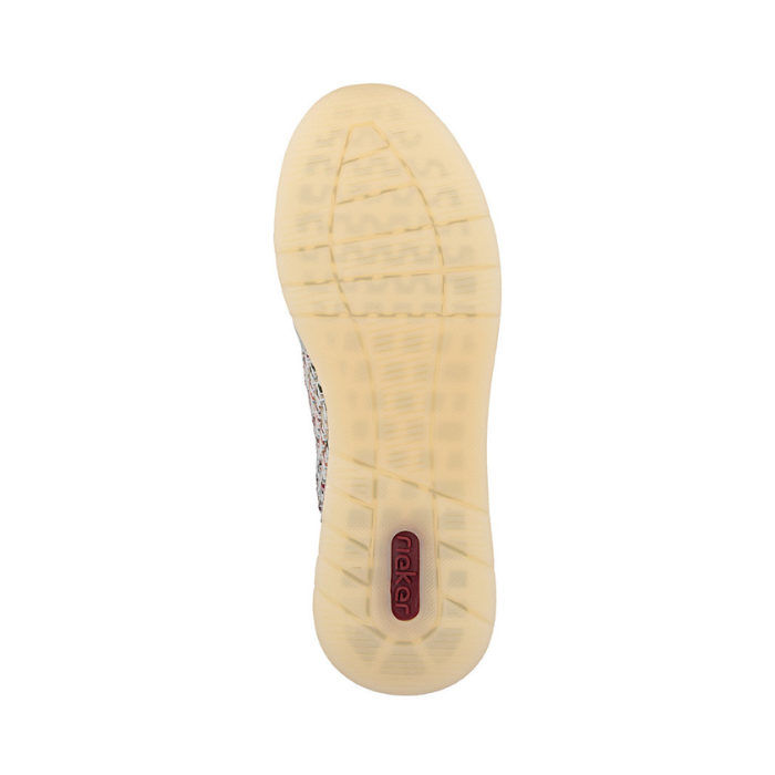 Tan outsole with light tread pattern and red Rieker logo on heel.