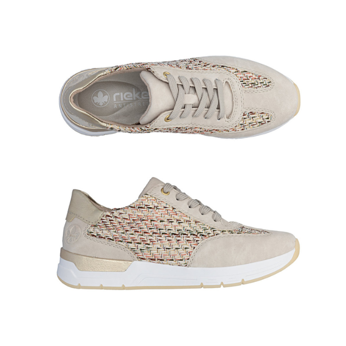 Pair of Beige sneakers with woven pale color patterned side panels, tan Rieker logo'd footbed, white midsole and tan outsole.