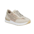 Beige sneaker with woven pale color patterned side panels, white midsole and tan outsole.