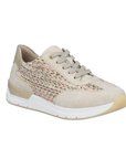 Beige sneaker with woven pale color patterned side panels, white midsole and tan outsole.