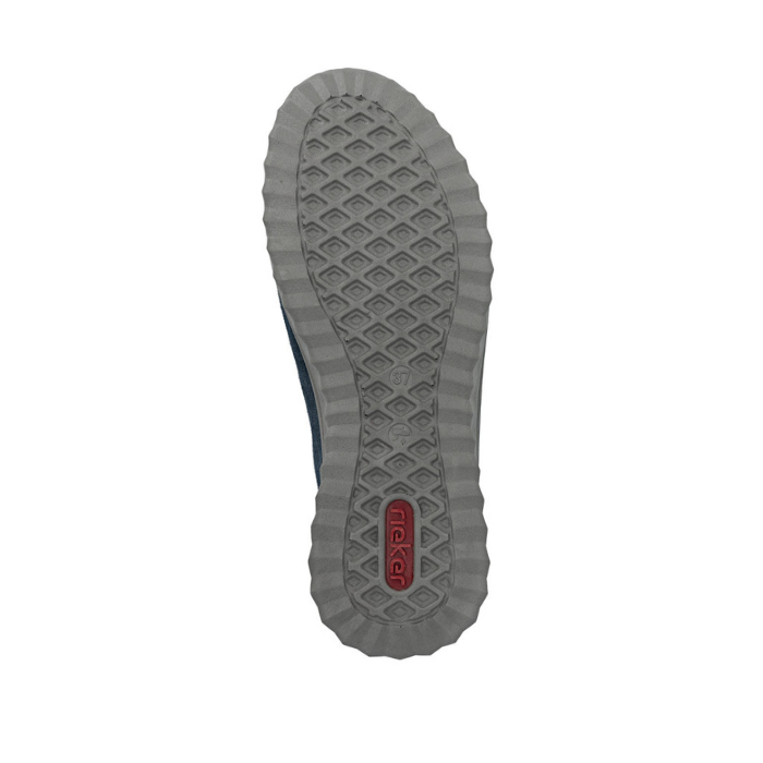 Grey light treaded sneaker outsole with red Rieker logo on heel.