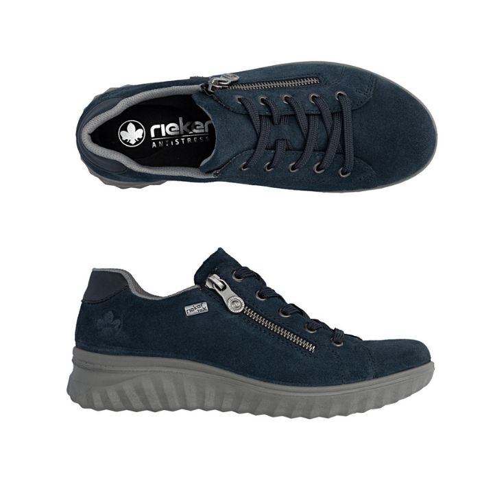 Pair of navy blue suede sneakers with dark blue laces, side zipper and grey outsole.