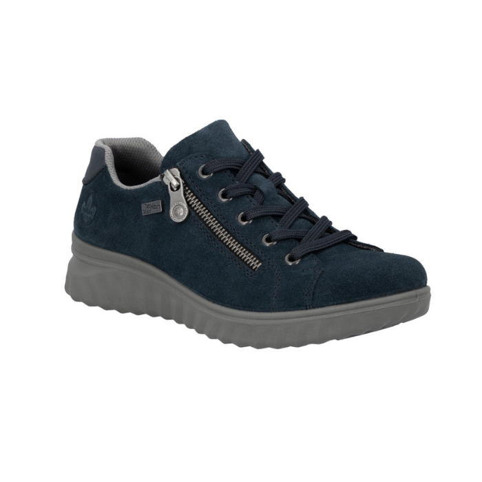 Navy blue suede sneaker with dark blue laces, side zipper and grey outsole.