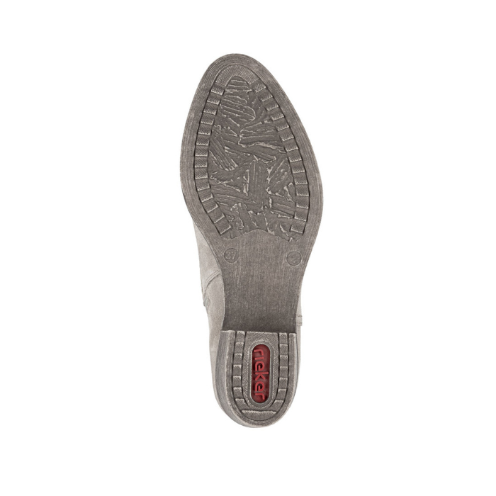 Grey outsole with red rieker logo on low block heel.