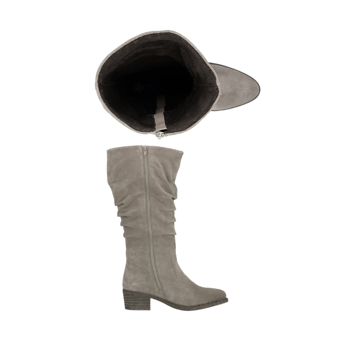 Pair of grey knee-high boot with western vibe , inside zipper and a low block heel.