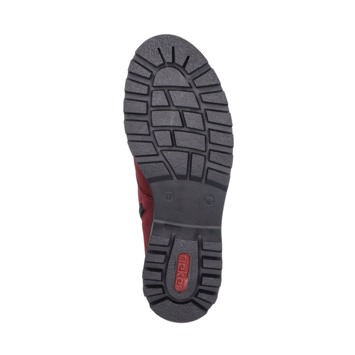 Black treaded outsole with red Rieker logo on heel.