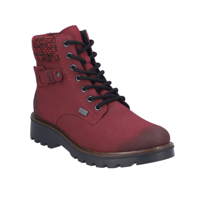 Red combat boot with black laces, knit cuff, and rugged black outsole.