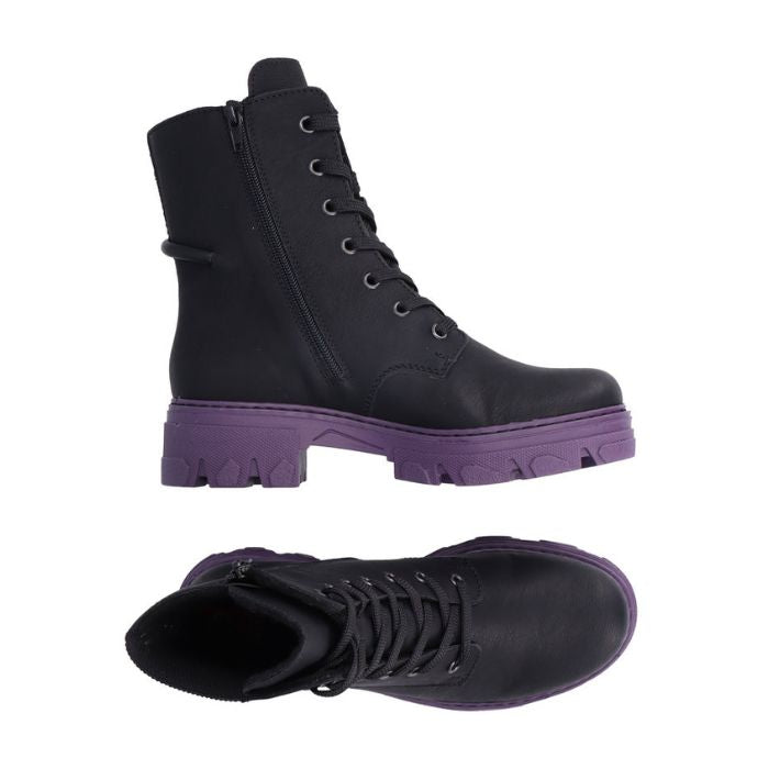 Top and side view of black combat boot with black laces and purple platform outsole. Boot has inside zipper closure.