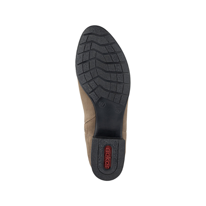Black rubber light treaded outsole with red Rieker logo on heel.