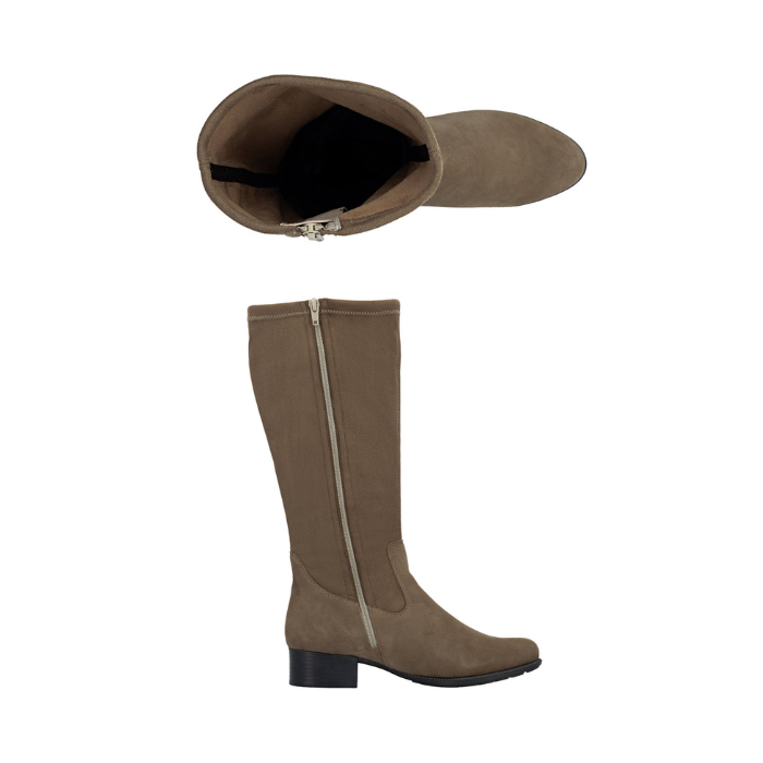 Pair of Tall taupe suede boots with inside zipper and black low block heel.