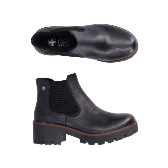 Pair of black leather Chelsea boot with black elastic goring, black Rieker logo&#39;d footbed and chunky black lugged low heel outsole.