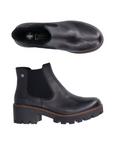 Pair of black leather Chelsea boot with black elastic goring, black Rieker logo'd footbed and chunky black lugged low heel outsole.