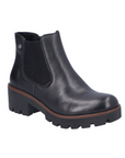 Black leather Chelsea boot with black elastic goring and chunky black lugged low heel outsole.