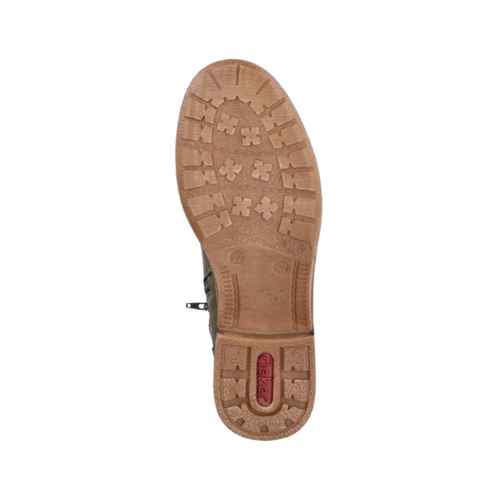 Tan rubber outsole with light tread and red Rieker logo on heel.