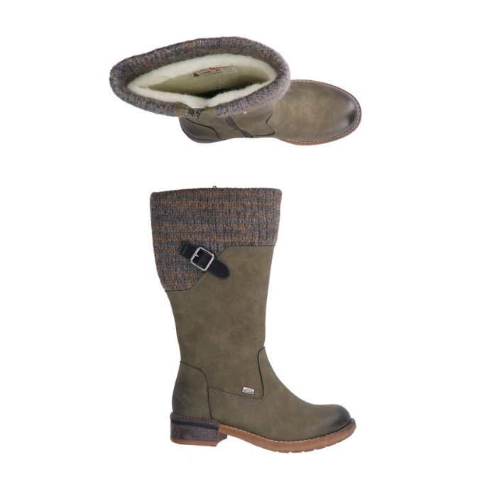 Pair of green suede tall boot with accent black buckle, white wool lining, inside zipper and grey knit cuff with low heel.