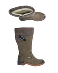 Pair of green suede tall boot with accent black buckle, white wool lining, inside zipper and grey knit cuff with low heel.