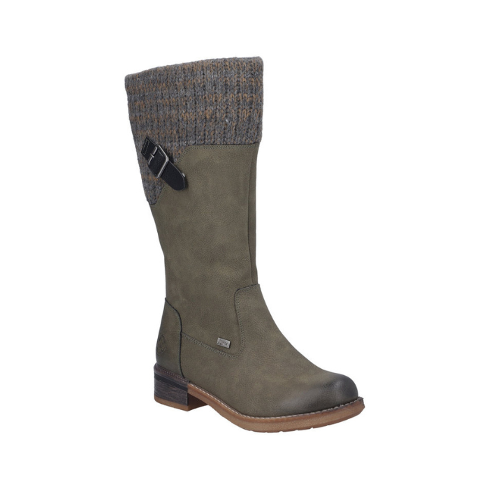Green suede tall boot with accent black buckle and grey knit cuff with low heel.