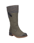 Green suede tall boot with accent black buckle and grey knit cuff with low heel.