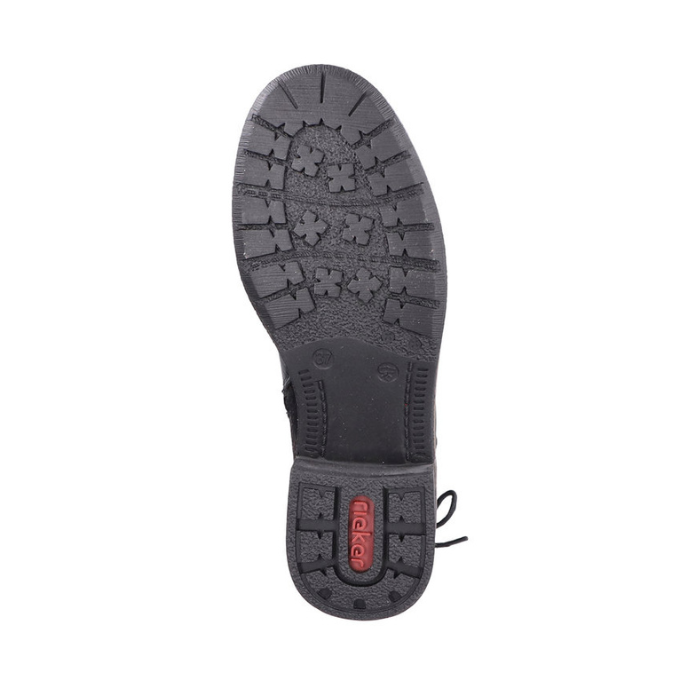 Black light treaded rubber outsole with red Rieker logo on heel.