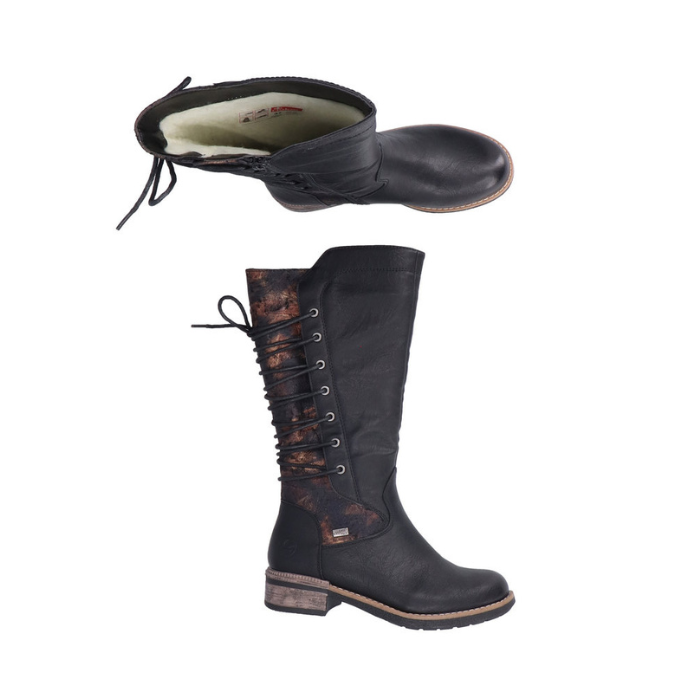 Pair of black tall boots with white wool lining, back lace-up  design, brown floral accents and low heel.