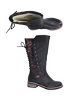 Pair of black tall boots with white wool lining, back lace-up  design, brown floral accents and low heel.