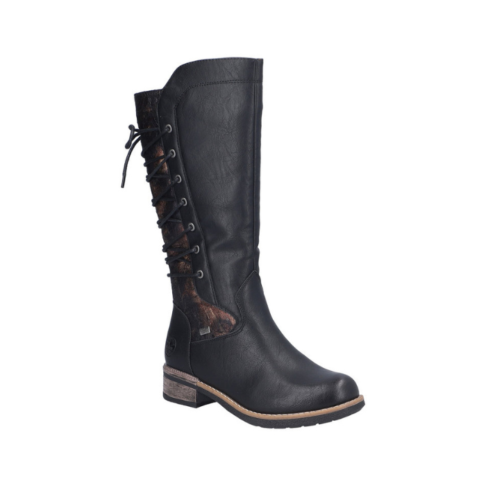 Black  tall boot with back lace-up design and low heel. 