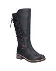 Black  tall boot with back lace-up design and low heel. 