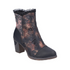 Women's ankle boot with black toe and heel, with a metallic black and copper marbled upper with floral accents and a ruffled trim.