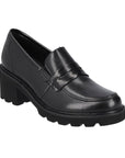Black leather penny loafer with platform heel.