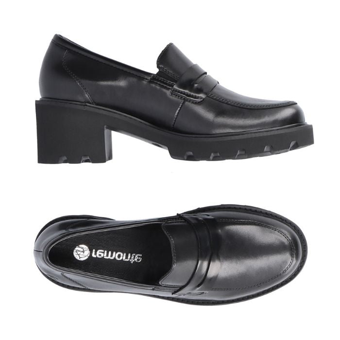 Top and side view of black leather penny loafer with platform heel. Remonte logo on black insole.