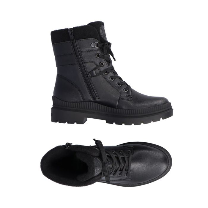 Top and side view of black leather combat boot with lace closure. Boot has inside zipper closure.