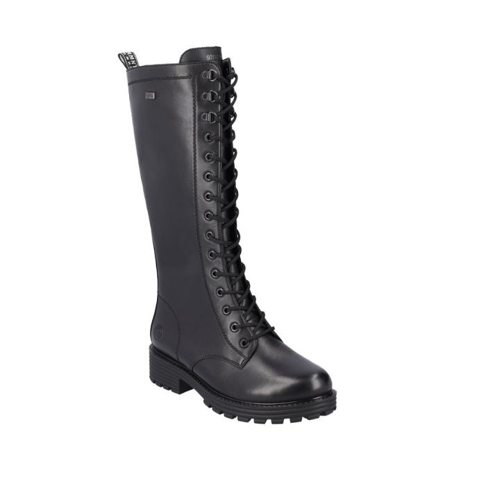 Tall leather lace up boot with lugged black outsole.
