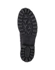 Black lugged outsole of women's boot with Remonte logo on heel.