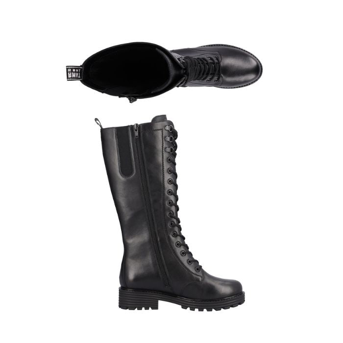 Tall leather lace up boot with lugged black outsole. Boot has inside zipper and Remonte branded heel pull tab.