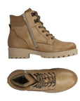 Top and side view of tan brown lace up boot with inside zipper.